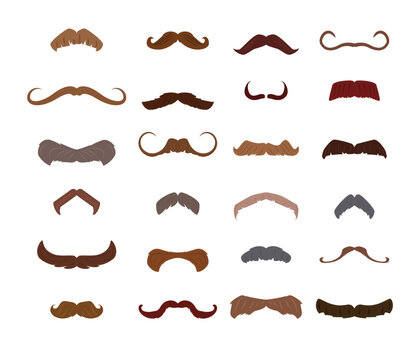 Set of various mustaches, cartoon flat vector illustration isolated on white background.