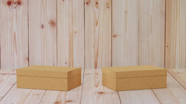 Shoe box brown parcel opening on natural wood background texture, 3D rendering.