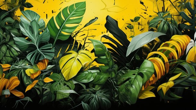 Graffiti drawing of tropical leaves with yellow, in the style of hip hop aesthetics, allover composition, playful still lifes, bold-graphic, letras y figuras, editorial illustrations