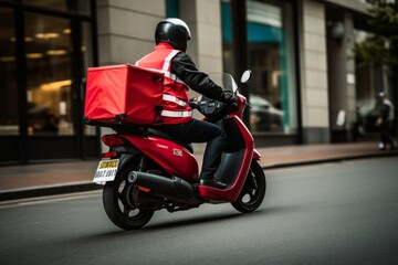 A delivery scooter driver equipped with a courier box on the rear