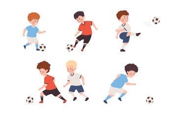 Little children play football, happy boys playing soccer, have fun together, sport team game vector illustrations set