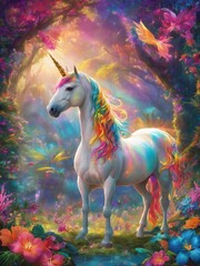 unicorn horse in the fantasy jungle , flower jungle ,rainbow theme ,colourful