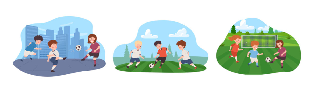 Children play football, happy girls and boys playing soccer on play-field, lawn, on city site vector illustrations set