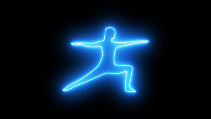 Glowing doing yoga sign. Yoga neon sign. Meditating person on black background. Spiritual practice neon sign. Neon glowing sign of yoga exercices club on black background.