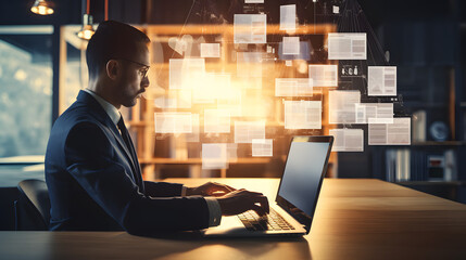 Document Management System (DMS) being setup by IT consultant working on laptop computer in office with document directory. Software for archiving, searching and managing corporate fil. Generative Ai.