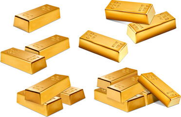 Set of several different stacks of gold bricks in different numbers and positions