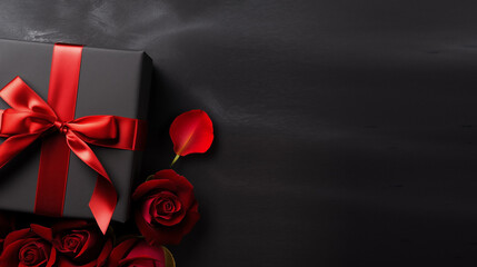 Valentine's Day, space for text, dark background, red roses and black gift box with red bow