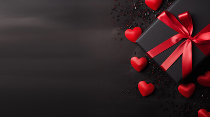 Valentine's Day, space for text, dark background, red hearts and gift box with red bow