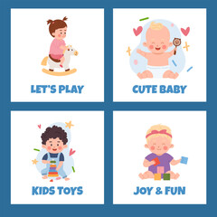 Cute babies playing with toys, set of posters - cartoon flat vector illustration.