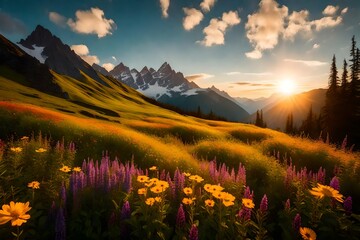 Majestic mountain peaks bathed in the golden glow of sunrise, surrounded by vibrant wildflowers in a lush alpine meadow. - obrazy, fototapety, plakaty