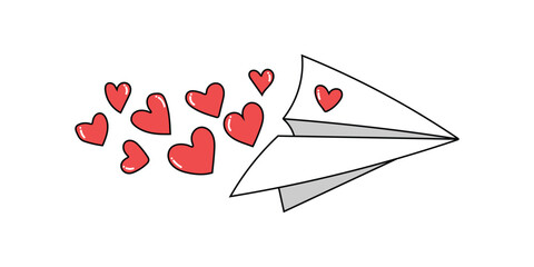 Romantic element for valentine's day cards and posters. Paper airplane with hearts. Love letter. Vector illustration, cartoon style.