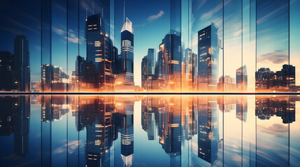 Double exposure of perspective low angle view luxury modern buildings and the city can use for business and finance background. Generative Ai.