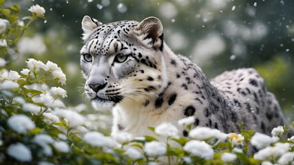 Fototapeta premium snow leopard in the middle of the jungle ,flower jungle ,photography