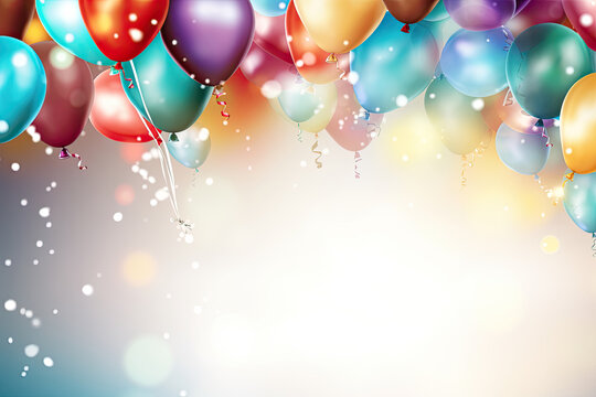 Bunch of bright balloons on color background, space for text. Celebration time