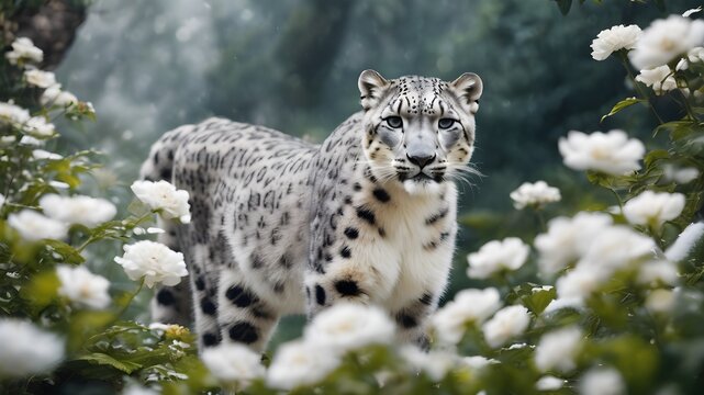 snow leopard in the middle of the jungle ,flower jungle ,photography