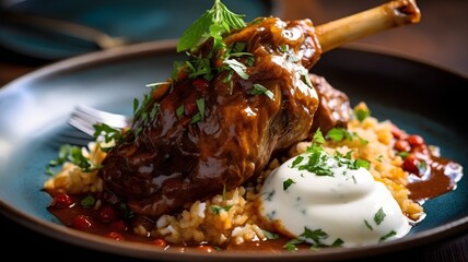 Rice with lamb and sauce on a plate. Selective focus.