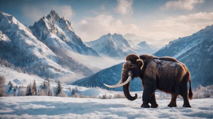 Mammoths elephent in snow mountain, in flower jungle ,fantasy photography 