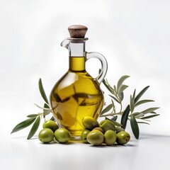 Olive oil in a glass bottle with olives and green leaves