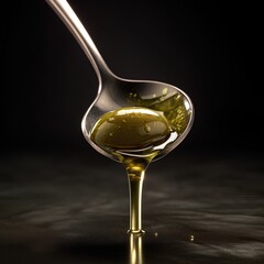 Olive oil pouring from a spoon into a bowl on a dark background