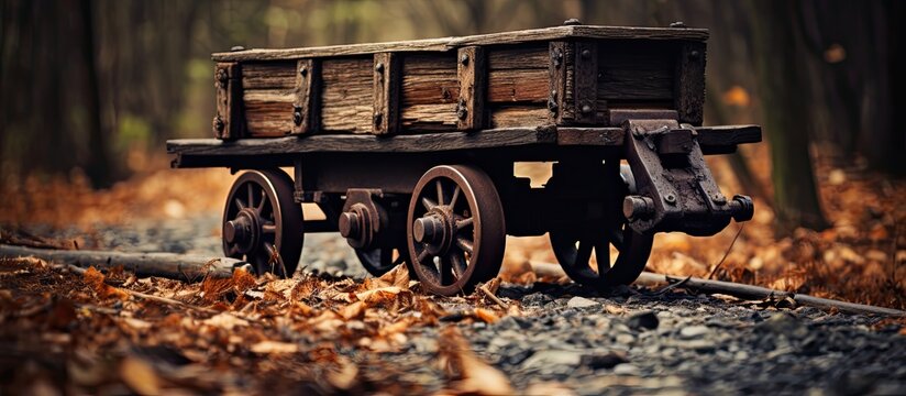 Rustic wooden cart near train tracks with old wheels