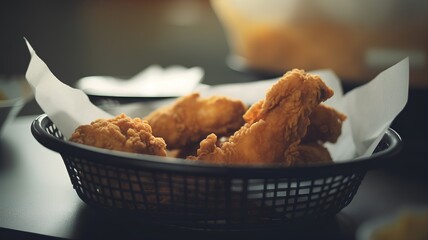Fried chicken in a basket on the table. Selective focus.