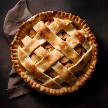 Homemade apple pie on dark background. Top view. Square image
