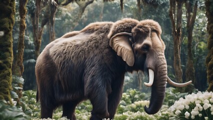 Obraz premium Mammoths elephent in snow mountain, in flower jungle ,fantasy photography 