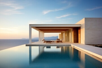 A minimalist villa featuring a pool and an expansive ocean view on the horizon - obrazy, fototapety, plakaty