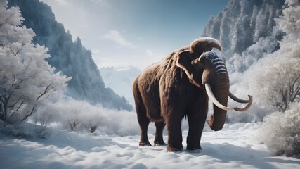 Mammoths elephent in snow mountain, in flower jungle ,fantasy photography 