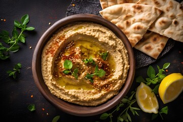 Bowl of hummus with olive oil, lemon and herbs on dark background - obrazy, fototapety, plakaty