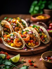 Mexican tacos with shrimps, corn, tomatoes and salsa