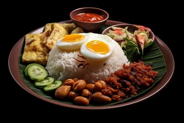 Nasi lemak, malaysian traditional food on black background