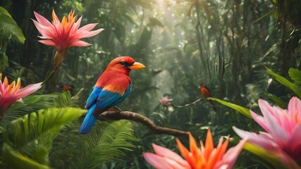 red and yellow macaw in fantasy jungle