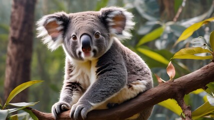 Obraz premium koala cub running , portrait of koala in the flower , wild jungle 