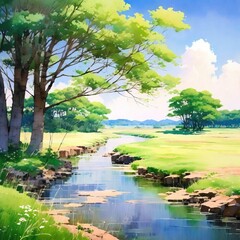 Nature outdoor landscape watercolor background, Beautiful watercolor landscape with tree, Generative Ai.
