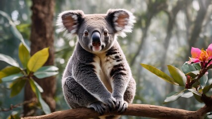 Fototapeta premium koala cub running , portrait of koala in the flower , wild jungle 