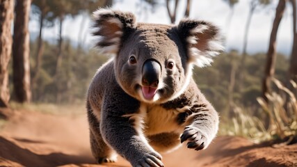 Obraz premium koala cub running , portrait of koala in the flower , wild jungle 