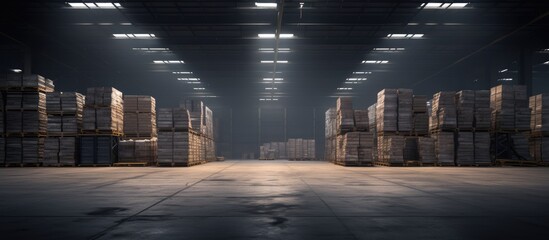 Deserted storage area filled with neatly stacked pallets in a gloomy warehouse for distribution and logistics. - obrazy, fototapety, plakaty