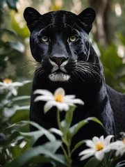 Fotobehang Portrait of a black jaguar in the forest, flower , in the fantasy jungle, © monu