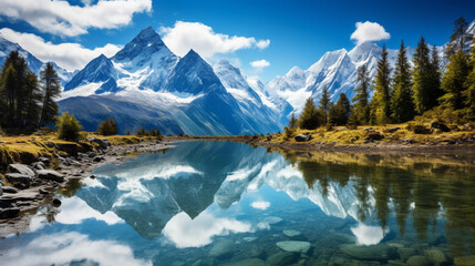Snowcapped Mountains Reflected in a Blue Lake - Powered by Adobe