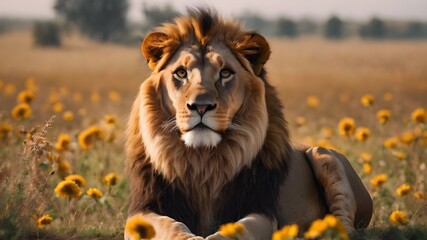 lion in the flower field, lion portrait , lion in the middle of jungle