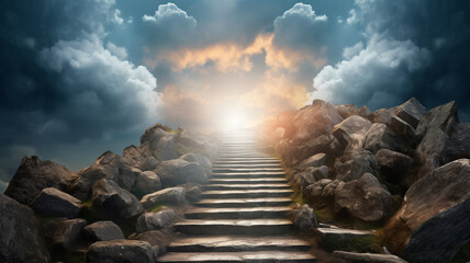 Mystical sky light catholic stone staircase ascending through clouds towards a radiant light, suggesting a journey to a heaven realm, surrounded by the drama of a stormy sky. - obrazy, fototapety, plakaty