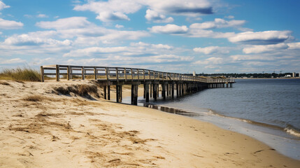 Tranquil Beach Landscape with Bridge over Calm Water
