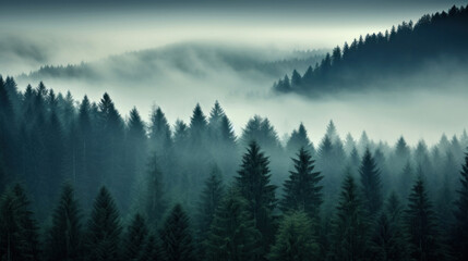 Foggy morning in the mountains. Misty landscape with coniferous forest.