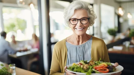  Delicious salad. Cheerful senior woman holding a salad and smiling while standing in the cafe © tashechka