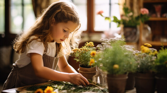 Cute little girl in apron making flower bouquet at home