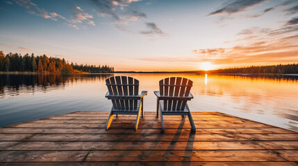 Fototapeta na wymiar Tranquil Sunrise over Reflection of Wood Seat by Lake