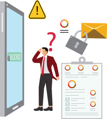 Businessman Unblock account, Experts help user to unblock account. Cyber crime, hacker attack, censorship or ransomware activity security