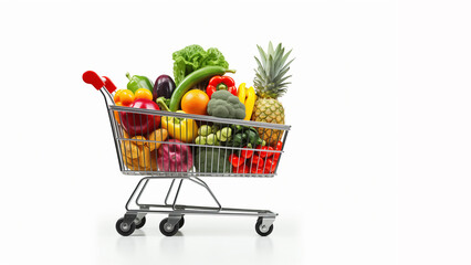 Shopping cart with groceries on white background, copy space