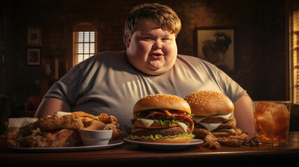 An overweight boy eats burgers.